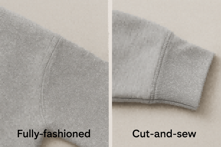 Side-by-side comparison of a fully-fashioned sweater seam and a cut-and-sew sweatshirt seam.